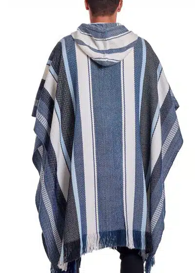 INTI0462 INTI ALPACA STRIPED BLUE ALPACA PONCHO FOR MEN WESTERN CLOAK WITH HOOD