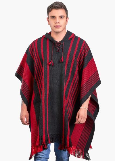 INTI0464 INTI ALPACA Men's Alpaca Poncho with Hood- Handmade Cape in Alpaca Wool - Winter Fashion - Traditional Peruvian Poncho - Home Cloak Coat - Street Style in Black and Red Color - Praga
