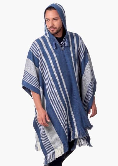 INTI0465 INTI ALPACA Blue Hooded Poncho for Men – Winter Cloak Cape – Outwear Hoodies Pullover ” Zurich”- Fashion Blanket Cape