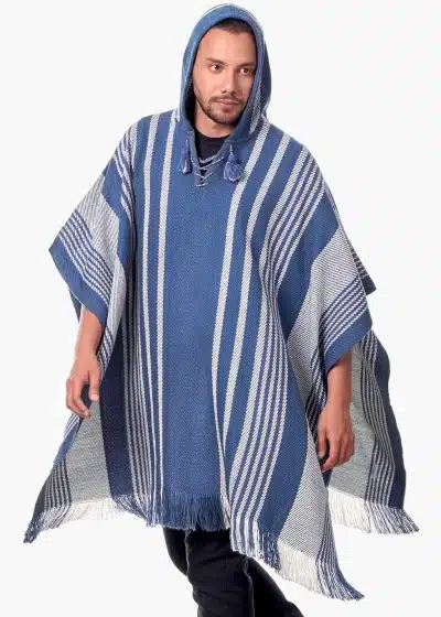 INTI0465 INTI ALPACA Blue Hooded Poncho for Men – Winter Cloak Cape – Outwear Hoodies Pullover ” Zurich”- Fashion Blanket Cape