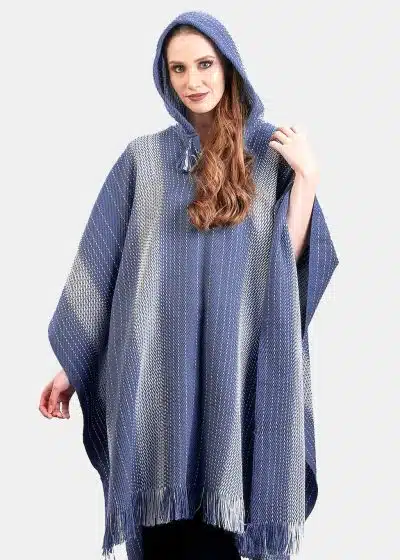 INTI0475 INTI ALPACA Womens Steel Blue Cute Poncho Cape with hood - Casual Style Shawl Cape in Soft and Warm Alpaca Wool Knitted in Peru
