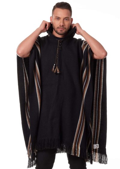Hooded Alpaca Poncho-for Men Home Cloak Cape in Black Alpaca-Wool - Mens modern Cape - Outwear - Cowboy Poncho