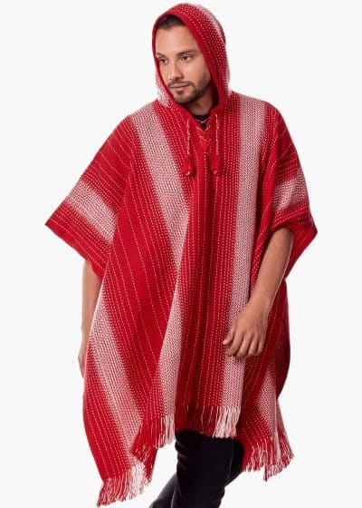 INTI0510 INTI ALPACA Hooded Red Alpaca poncho for men