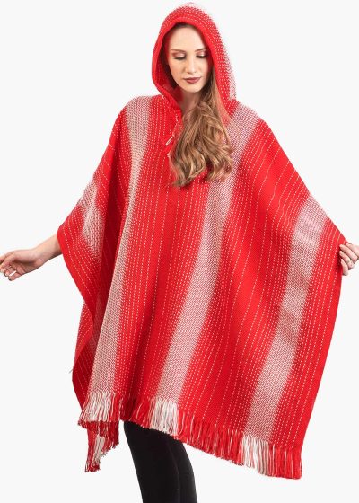 INTI0511 INTI ALPACA Hodded Soft Alpaca Poncho for Women with striped design - Christmas Wool Cape - Casual and Modern