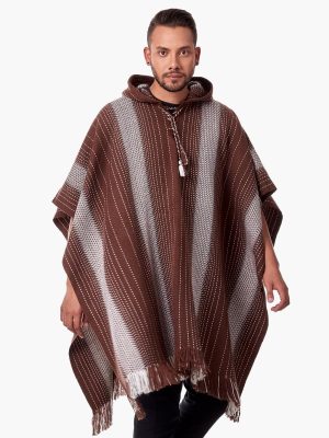 INTI0512 INTI ALPACA Hooded Brown Alpaca Poncho for Men Traditional Peruvian Poncho knitted in alpaca Wool
