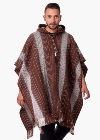 INTI0512 INTI ALPACA Hooded Brown Alpaca Poncho for Men Traditional Peruvian Poncho knitted in alpaca Wool