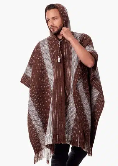INTI0512 INTI ALPACA Hooded Brown Alpaca Poncho for Men Traditional Peruvian Poncho knitted in alpaca Wool