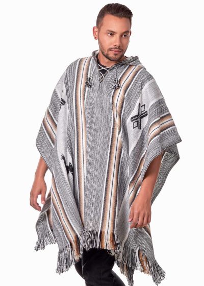 INTI0515 INTI ALPACA Alpaca Hooded Poncho for Men - Hippie Cloak Cape with hood - Andean Traditional Serape knitted with alpaca wool