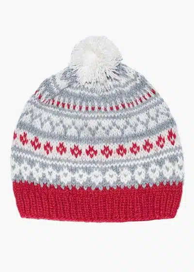 INTI ALPACA Christmas Alpaca Beanie Hat for Women with Pom Pom - Handmade with Peruvian Alpaca Wool for Outdoor and Indoor Gray