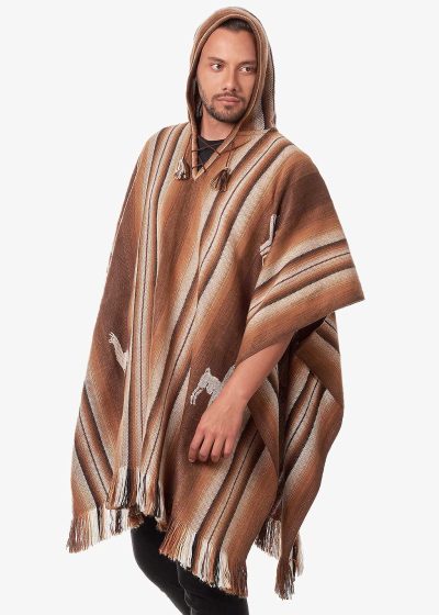 INTI0550 INTI ALPACA Brown Alpaca Hooded Poncho for Men - Hippie Cloak Cape with hood - Mens Andean Traditional Serape knitted with alpaca wool