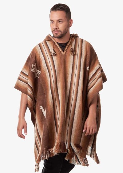INTI0550 INTI ALPACA Brown Alpaca Hooded Poncho for Men - Hippie Cloak Cape with hood - Mens Andean Traditional Serape knitted with alpaca wool