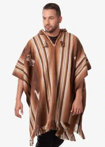 INTI0550 INTI ALPACA Brown Alpaca Hooded Poncho for Men - Hippie Cloak Cape with hood - Mens Andean Traditional Serape knitted with alpaca wool