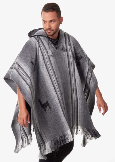 INTI0551 INTI ALPACA Gray Alpaca Hooded Poncho for Men - Hippie Cloak Cape with hood - Mens Traditional Serape knitted with alpaca wool - Andean Mens Hoddie