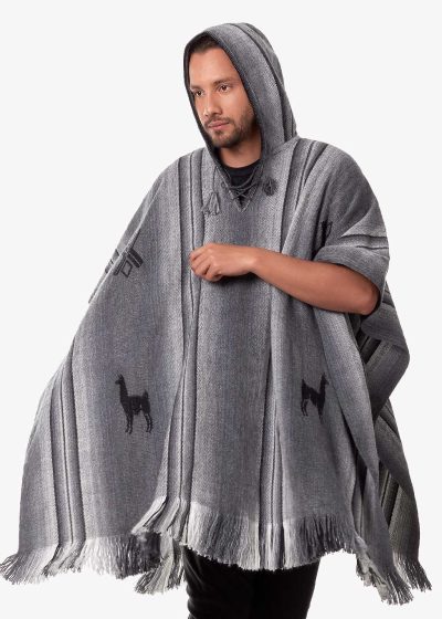 INTI0551 INTI ALPACA Gray Alpaca Hooded Poncho for Men - Hippie Cloak Cape with hood - Mens Traditional Serape knitted with alpaca wool - Andean Mens Hoddie