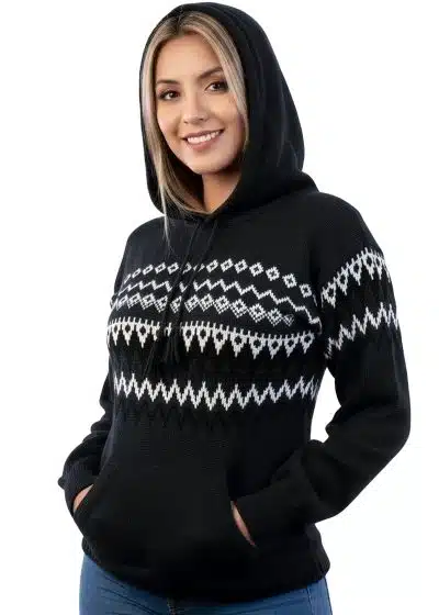 INTI0676 INTI ALPACA Fair Isle Knit Hoodie Women Cozy Alpaca Wool Hoodie Warm and Lightweight Pullover
