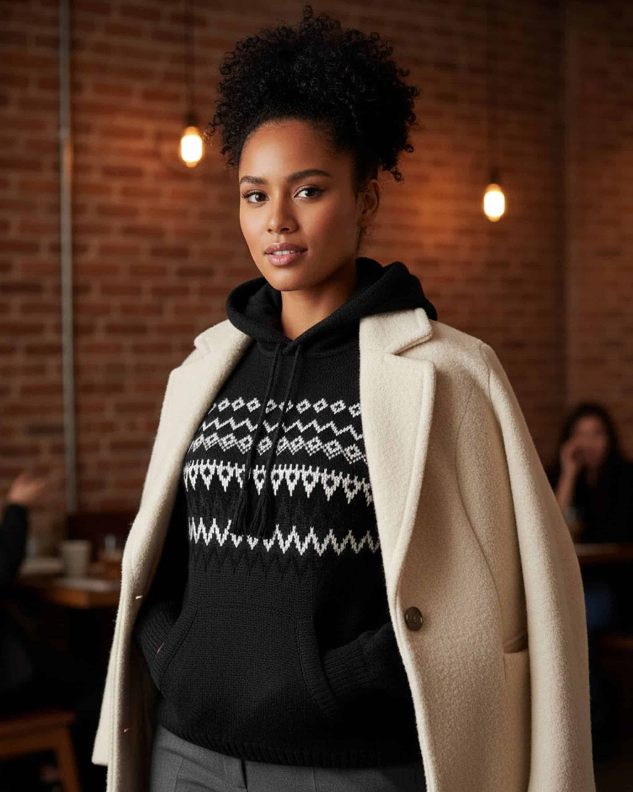 INTI0676 INTI ALPACA Fair Isle Knit Hoodie Women Cozy Alpaca Wool Hoodie Warm and Lightweight Pullover