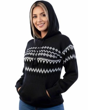 INTI0676 INTI ALPACA Fair Isle Knit Hoodie Women Cozy Alpaca Wool Hoodie Warm and Lightweight Pullover
