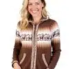 INTI ALPACA Brown Alpaca Wool Hoodie for Women Full Zip UP Cardigan with Andean Pattern