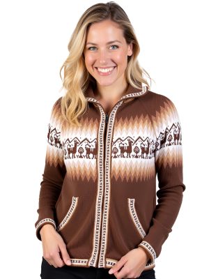INTI ALPACA Brown Alpaca Wool Hoodie for Women Full Zip UP Cardigan with Andean Pattern