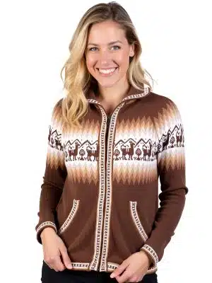 INTI ALPACA Brown Alpaca Wool Hoodie for Women Full Zip UP Cardigan with Andean Pattern