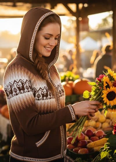 INTI ALPACA Brown Alpaca Wool Hoodie for Women Full Zip UP Cardigan with Andean Pattern